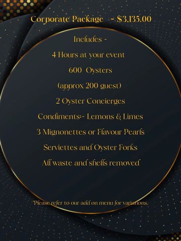 Corporate oyster package offers 4 hours, 600 oysters, and full service for $3,135.