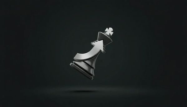 Black chess king piece with an upward arrow design, floating on a dark background.