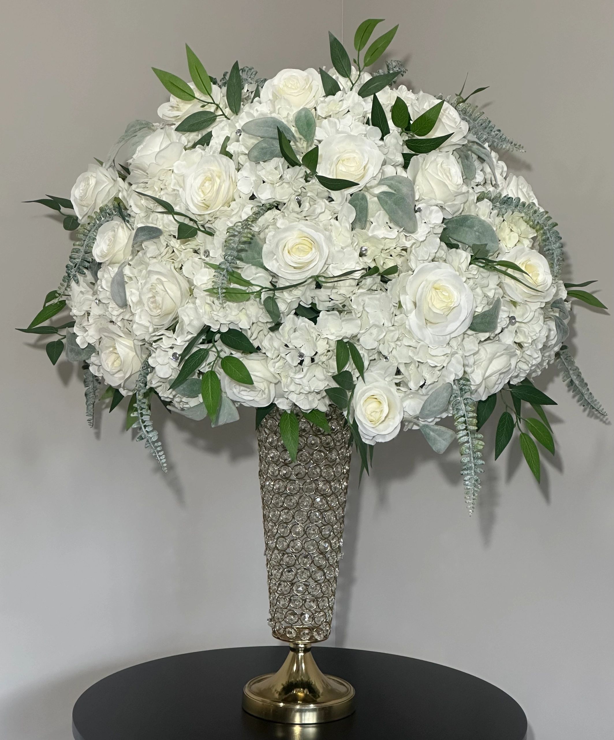  Traditional Hydrangea arrangement on crystal and gold vase  