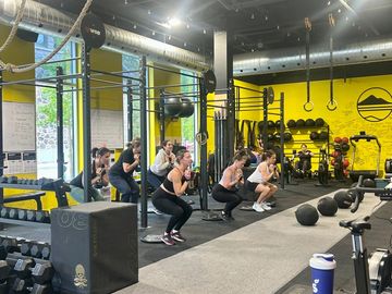 Group fitness class performing squats in a modern gym.