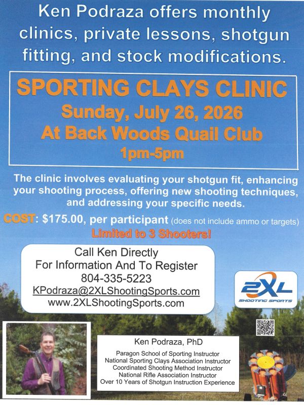 Flyer for a Sporting Clays Clinic by Ken Podraza on July 26, 2026.
