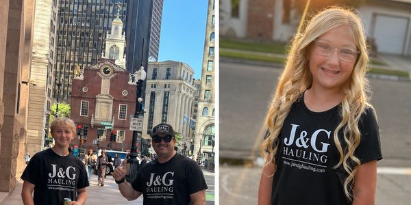 People wearing J&amp;G Hauling shirts in urban and outdoor settings.
