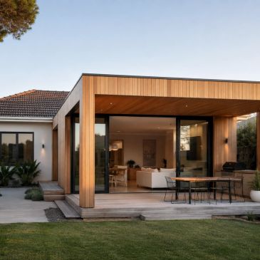 Modern house with wooden patio and glass doors.