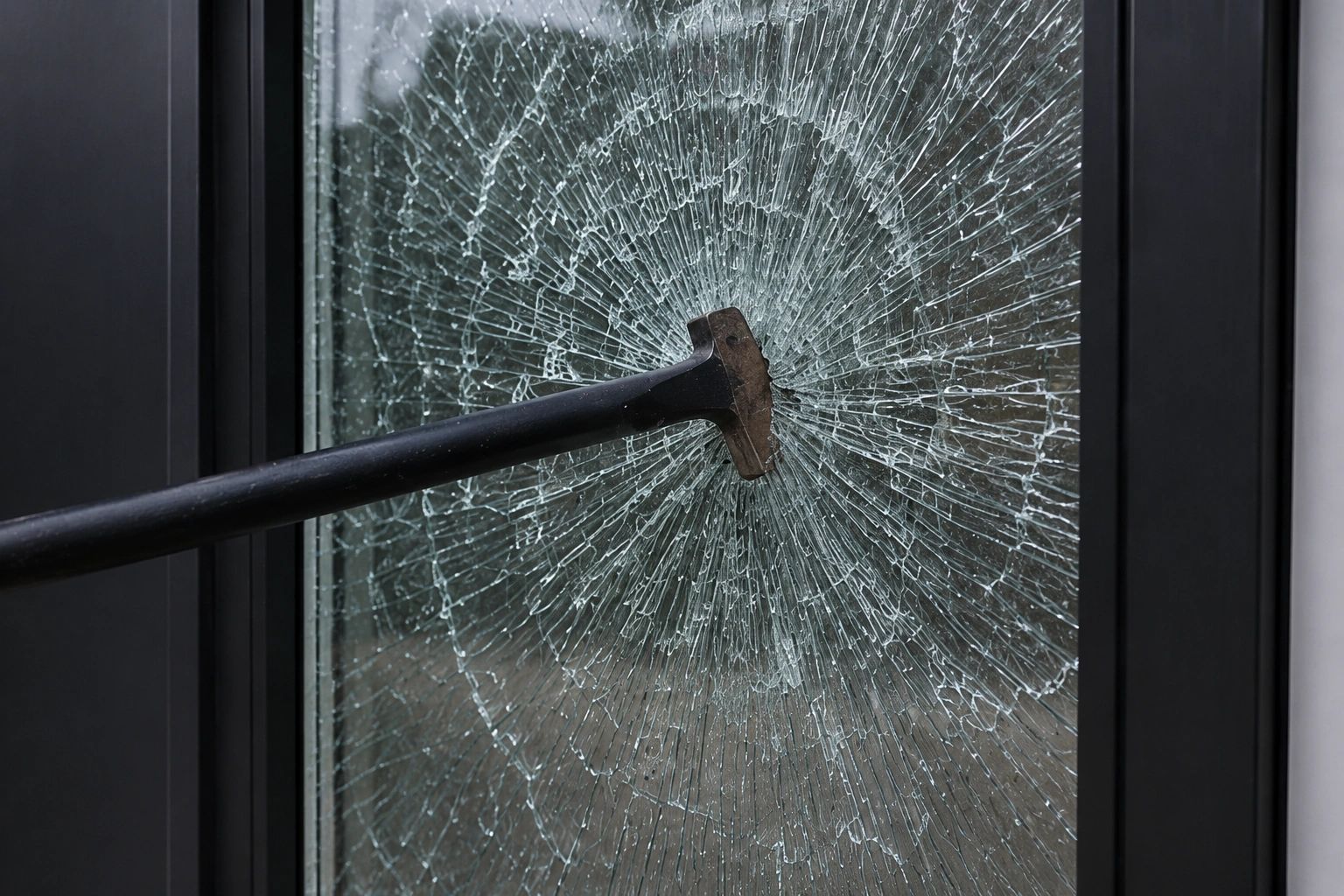 Hammer breaking window glass.