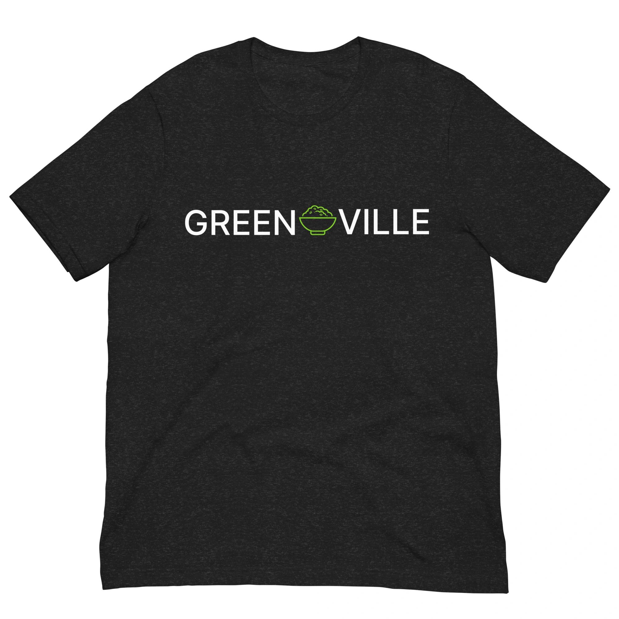 Black t-shirt with "GREEN VILLE" text and a green bowl icon in the center.