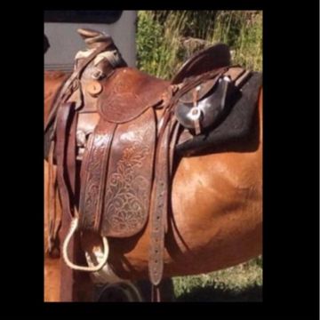 Intricately tooled leather saddle on a brown horse.