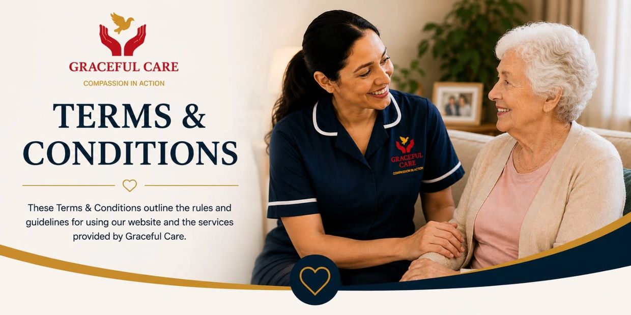 Caregiver smiling warmly at an elderly woman amid Graceful Care terms and conditions.