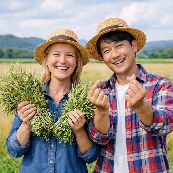 Two farmers smiling with harvested crops, wearing straw hats in a field.