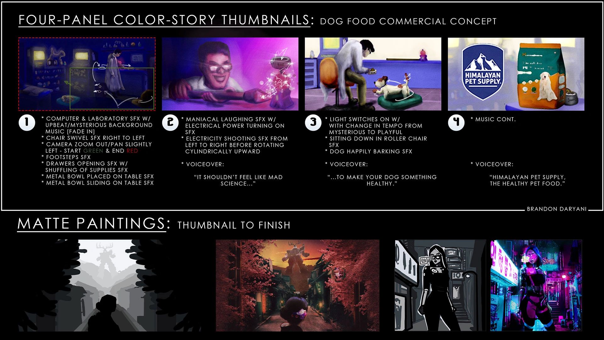 Four-panel dog food commercial storyboard concept with matte painting art below.