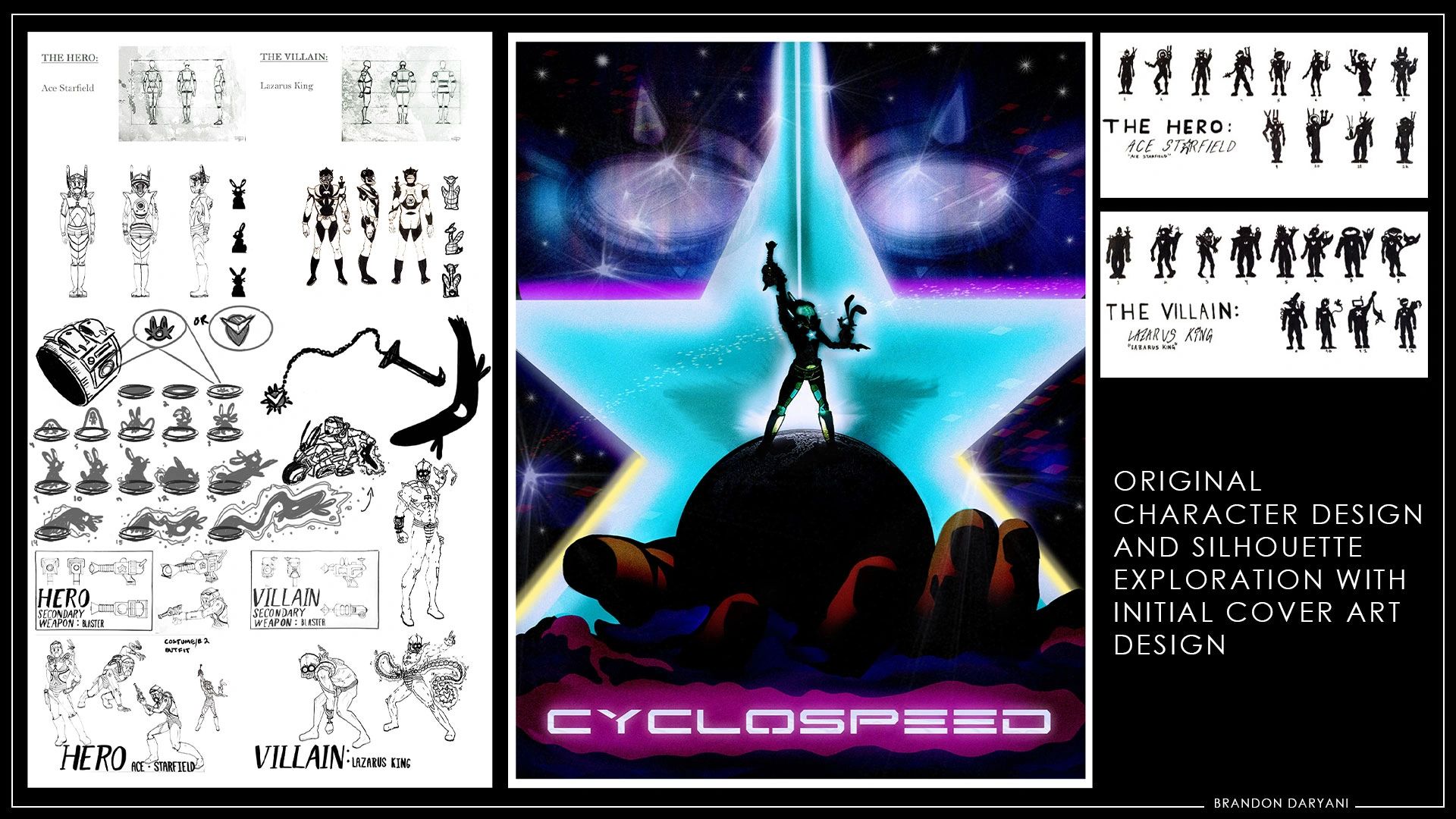 Original character designs and cover art for hero Ace Starfield and villain Lazarus King.