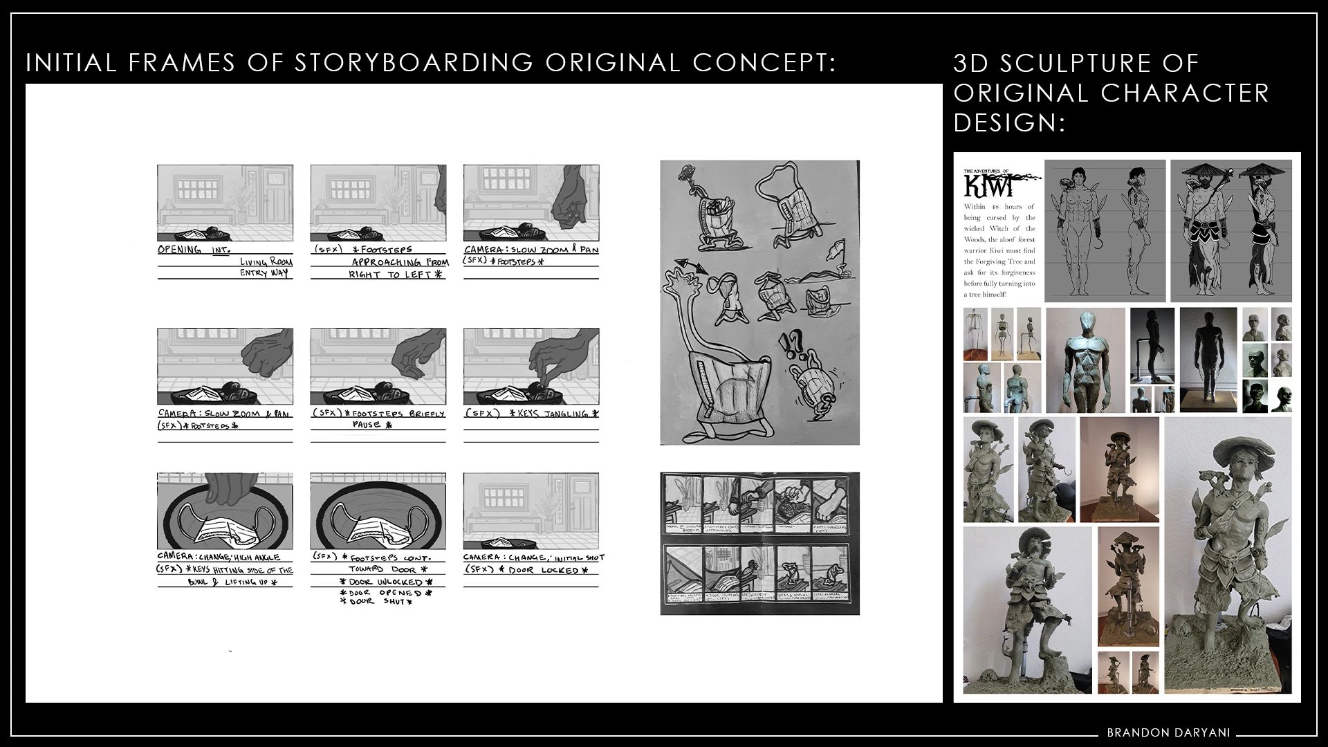 Storyboard frames and 3D character sculpture for an original concept.