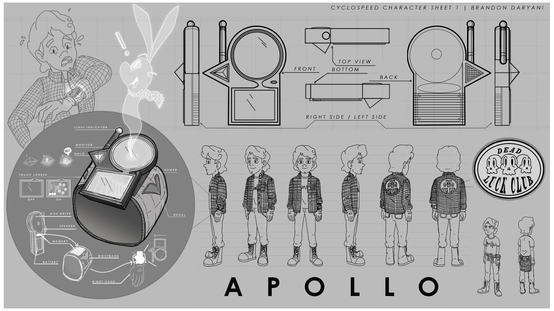 Character sheet and device design for Apollo with detailed 360 views and gadget specs.