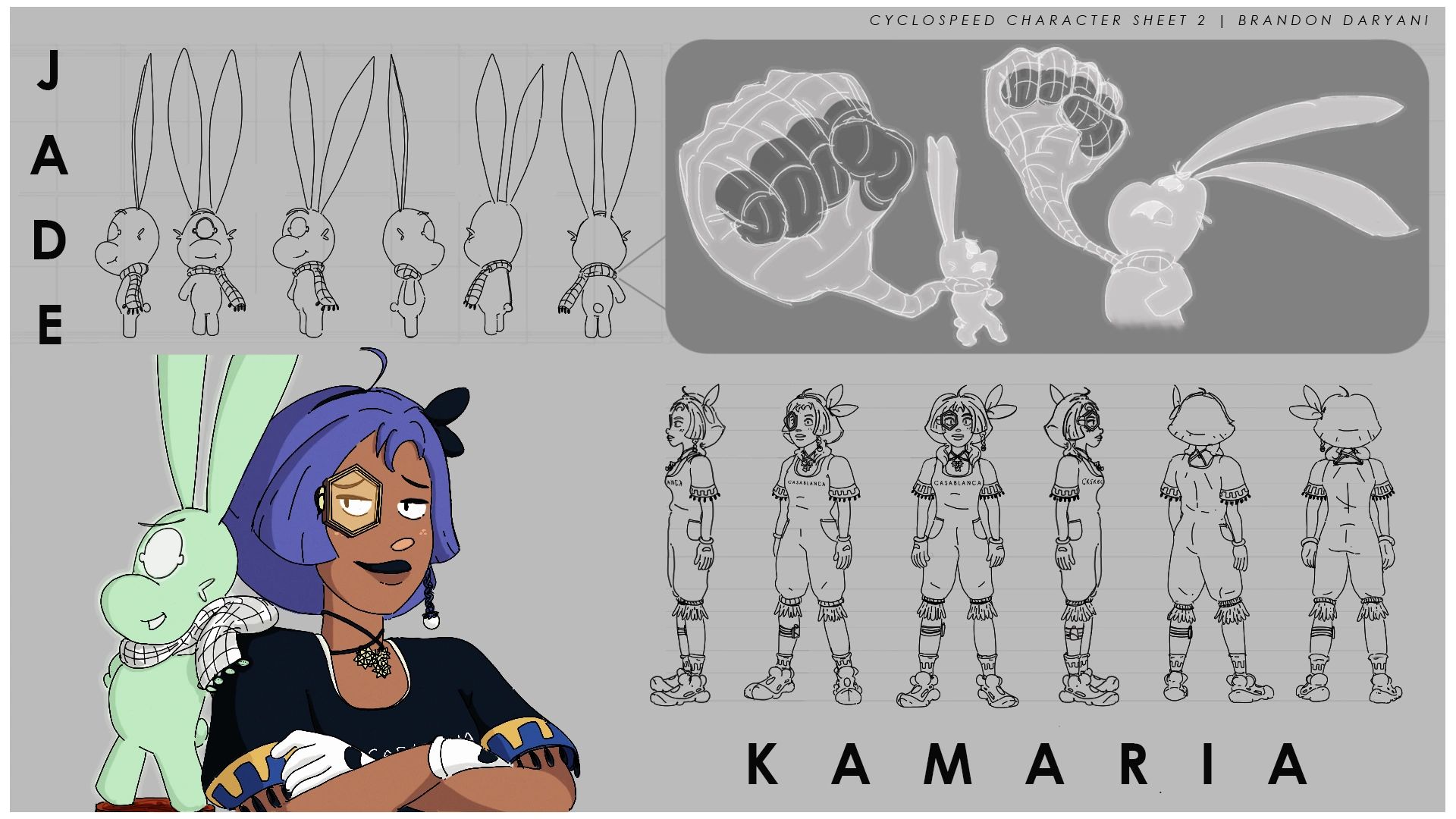 Character sheet for Jadre and Kamaria with designs and poses.