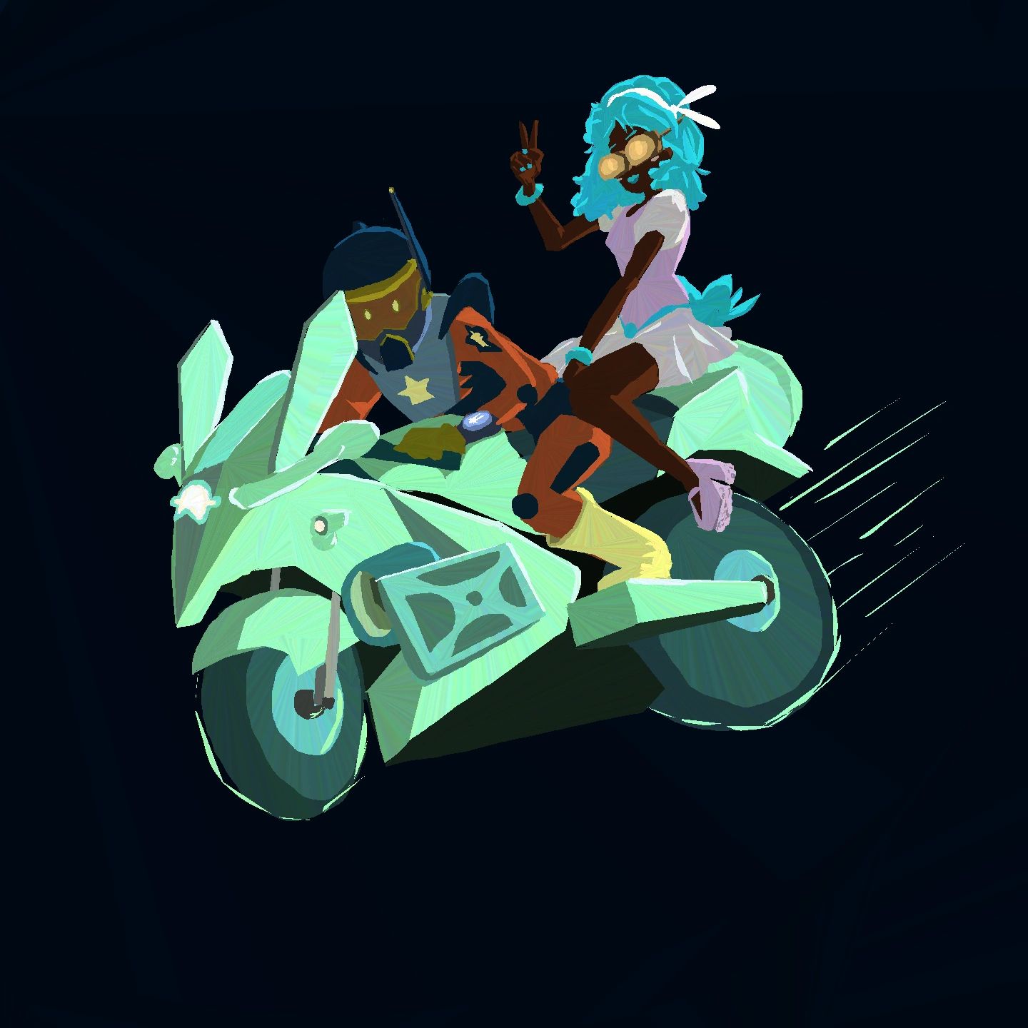 Two characters riding a futuristic motorcycle.