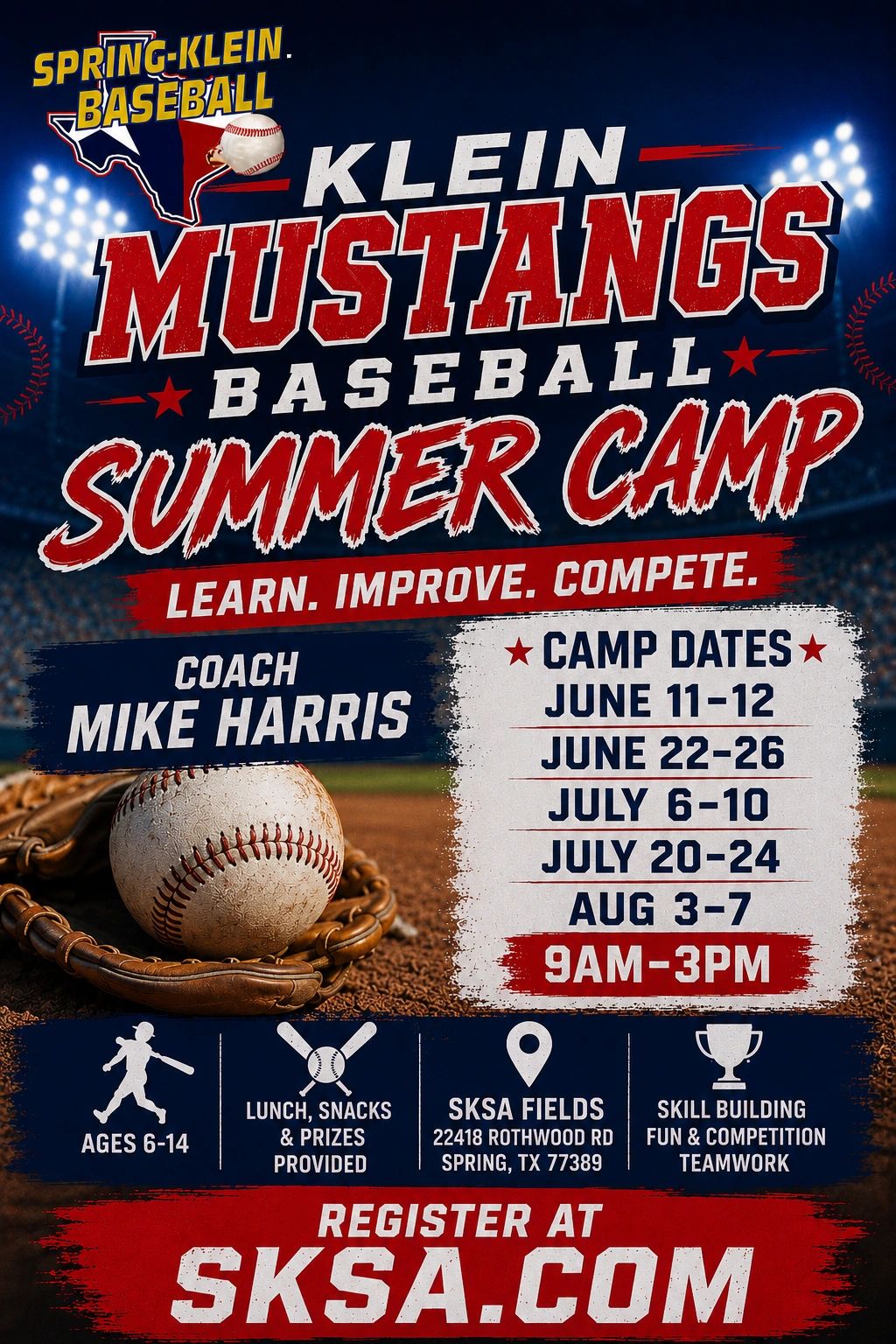 Klein Mustangs Baseball Summer Camp for ages 6-14 with coach Mike Harris.