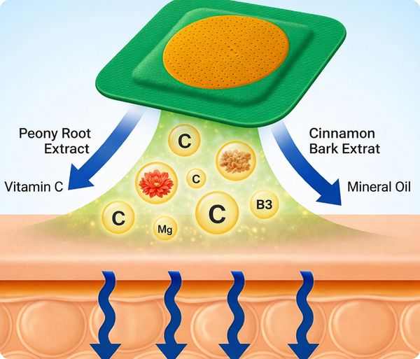 Illustration showing skin absorption of peony root extract, cinnamon bark extract, vitamins, and minerals.