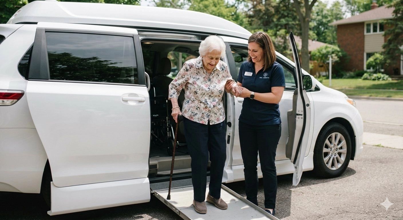 Coastal Care Transport driver helping a senior client with a cane