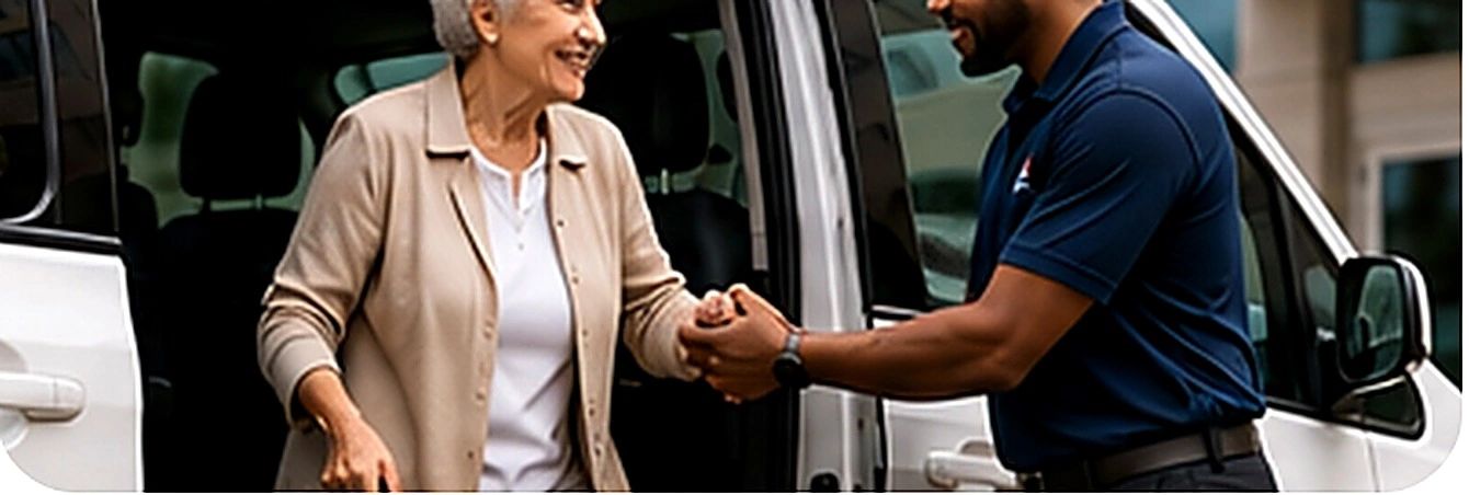 Driver helping a senior client using a cane exit the van
