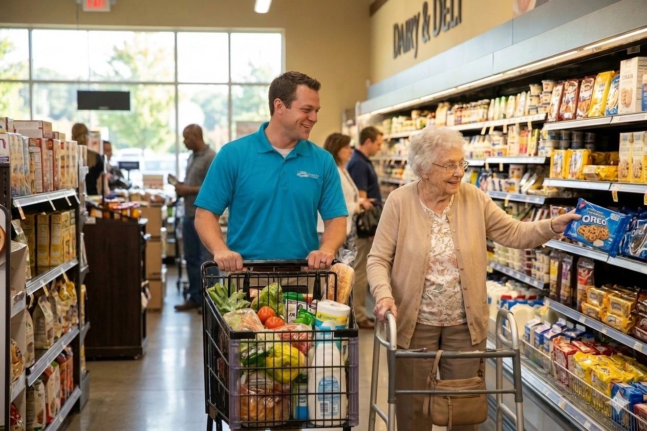 Coastal Care Transport driver helping a client with grocery shopping
