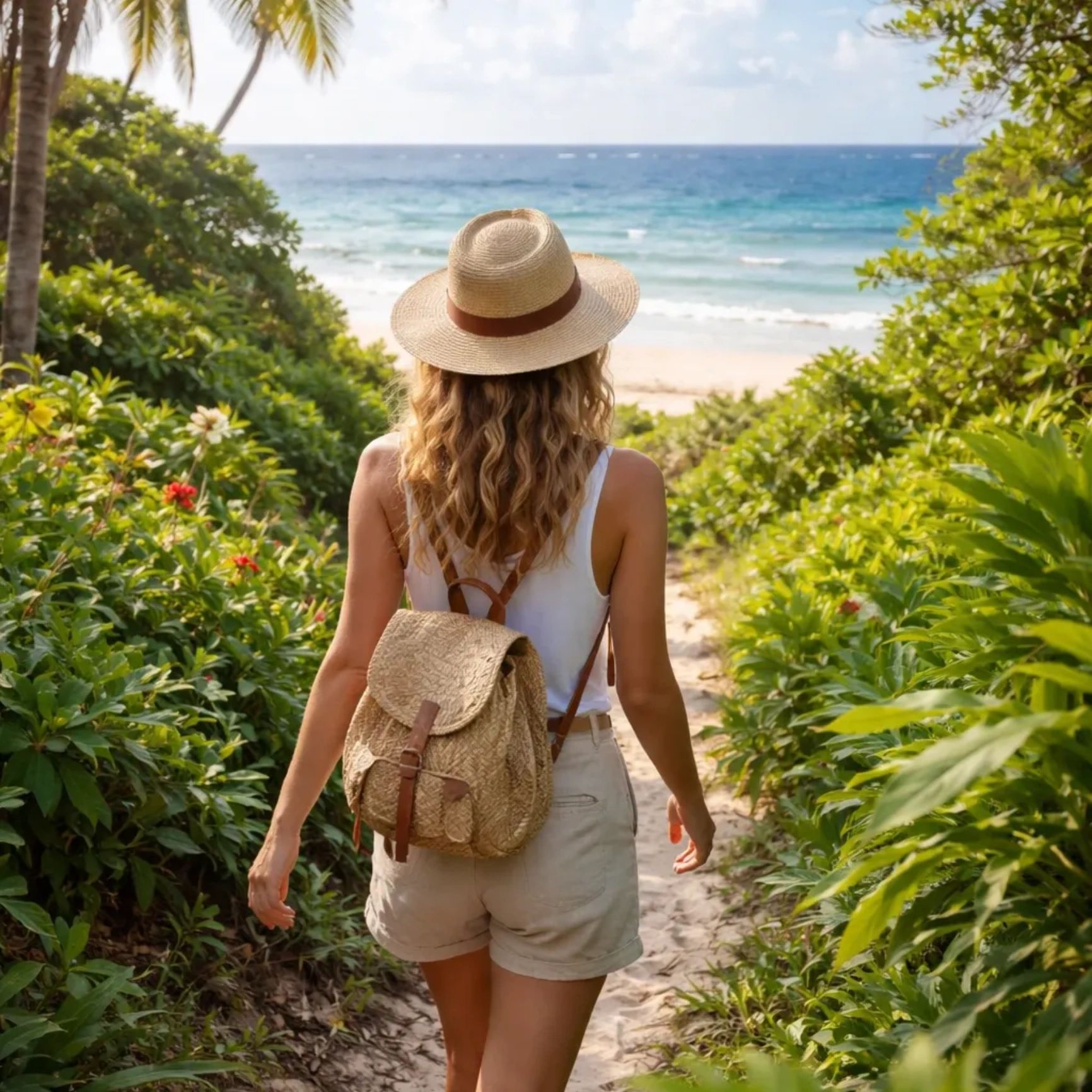 Woman with a hat walking towards the beach.