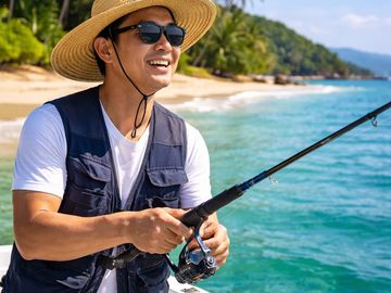 Man fishing happily by the seaside.