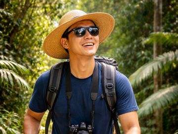 Smiling man with sunglasses and a straw hat in a forest.