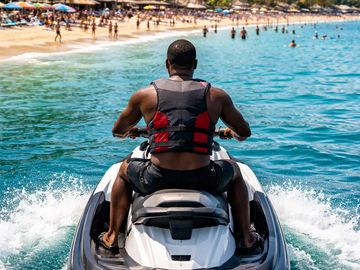 Man riding a jet ski near a busy beach.