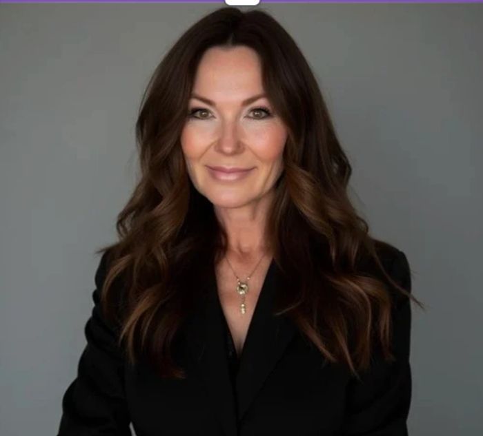 Confident woman with long brown hair in a black blazer smiling.