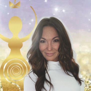 A woman with long dark hair smiling in front of a gold and white abstract background.