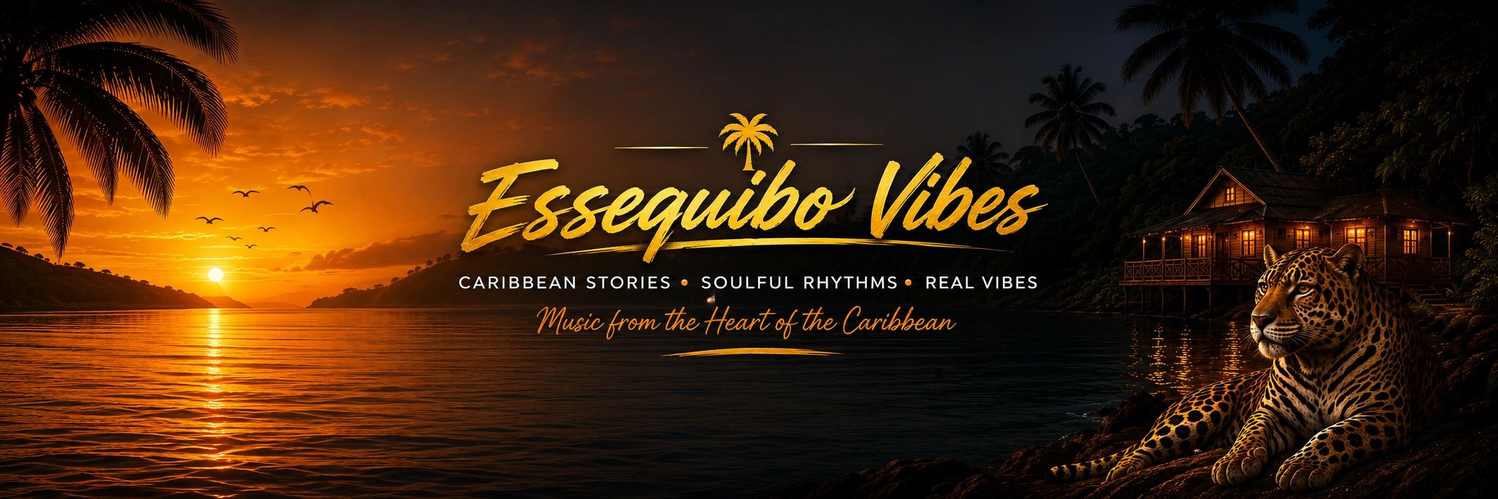 Tropical Essequibo sunset over the river with palm trees, village lights, a boat and a jaguar repres