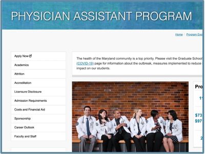 Screenshot of the Physician Assistant Program home page 