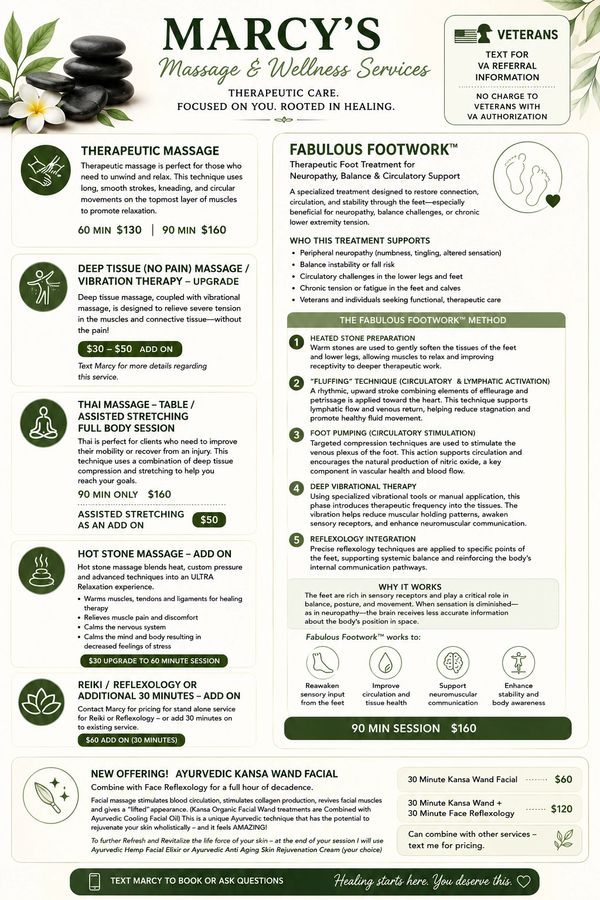 Marcy's Massage &amp; Wellness offers therapeutic massages, footwork, and Ayurvedic facial treatments.