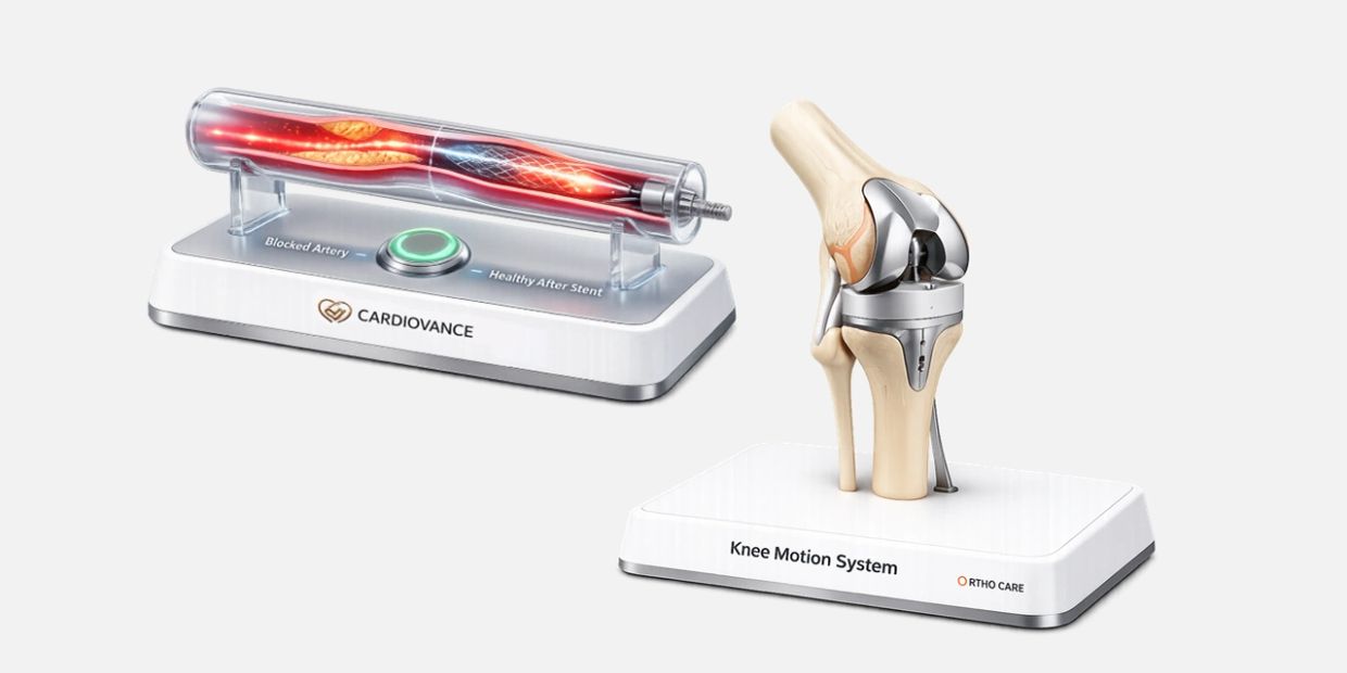 Medical models of a stented artery and a knee motion system for educational use.