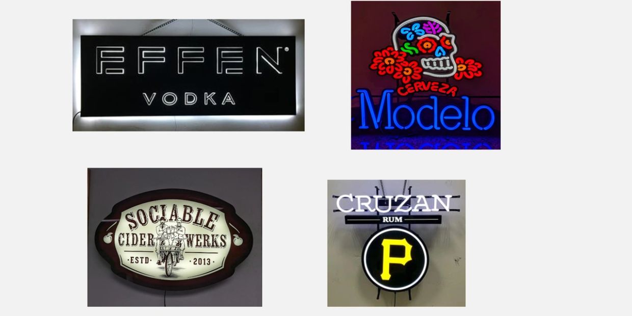 Neon and vintage illuminated signs for alcoholic beverages.