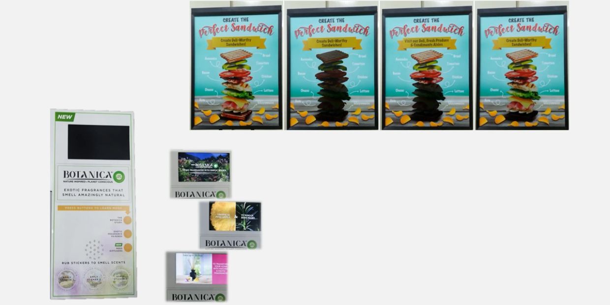 Displays of Botanica scent stickers and sandwich-making posters.
