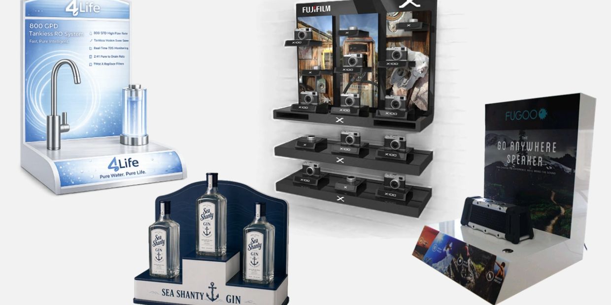 Four distinct product display stands showcasing water systems, cameras, gin bottles, and speakers.