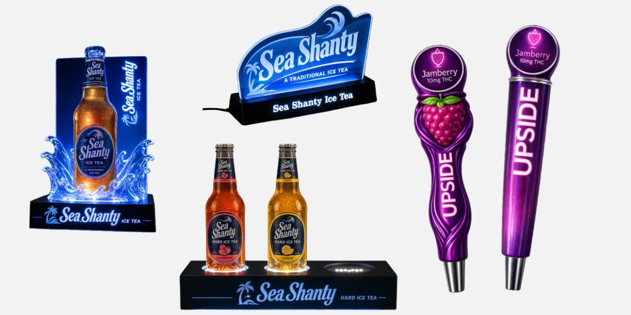 Illuminated beer and THC product displays featuring Sea Shanty Ice Tea and Jamberry Upside.