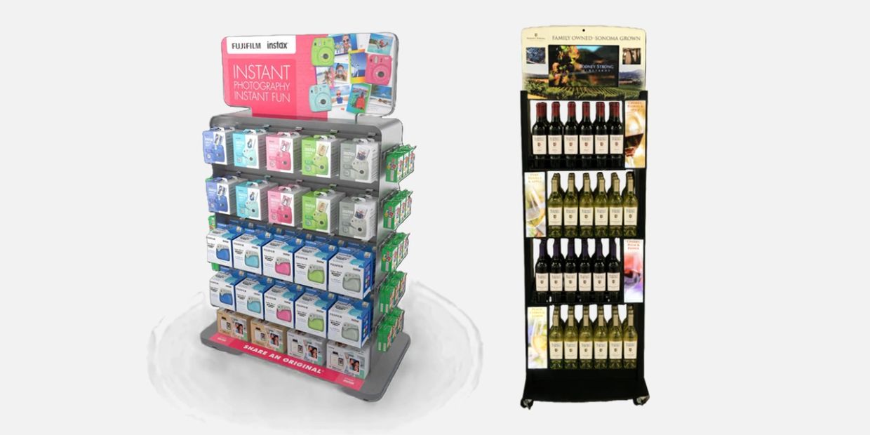 Colorful Fujifilm Instax instant cameras and film display stand.