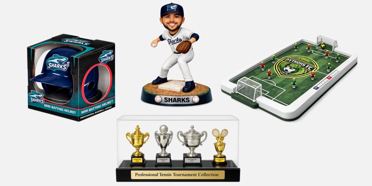 Collection of sports-themed miniatures including a baseball bobblehead, mini helmet, soccer game, and tennis trophies.