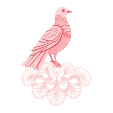 Pink stylized bird perched on a delicate floral design.