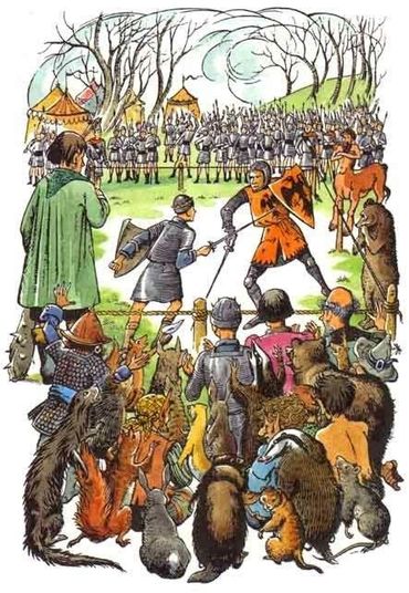Medieval knights duel as animals and soldiers watch in a colorful forest scene.