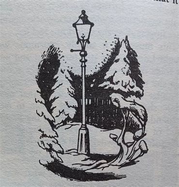 Black and white illustration of a streetlamp surrounded by trees and mushrooms.