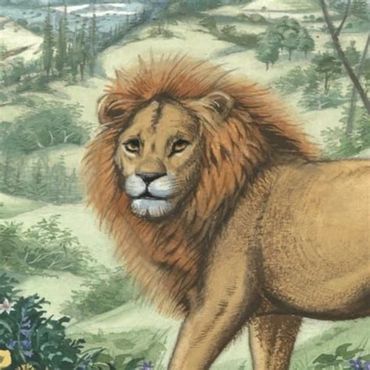 A majestic lion with a full mane in a natural, green landscape.