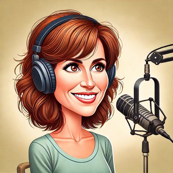 2 gummies in podcast host Avery. She is wearing headphones and a smile while talking into microphone.