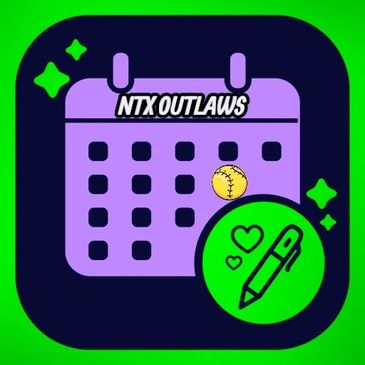 A calendar with NTX Outlaws and a softball icon, featuring a pen and hearts symbol.