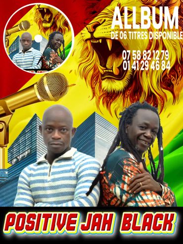Promotional poster for Positive Jah Black's album with vibrant reggae-themed colors and lion imagery.