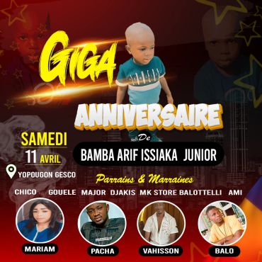 Invitation for Giga's birthday celebration on April 11 at Yopougon Gesco Chico.