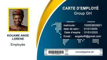 Carte d'employé avec photo, nom, email et dates de service.