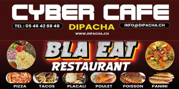 Advertisement for Bla Eat Restaurant offering diverse dishes like pizza and tacos.