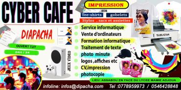 Colorful advertisement for Diapacha Cyber Cafe with various digital services.